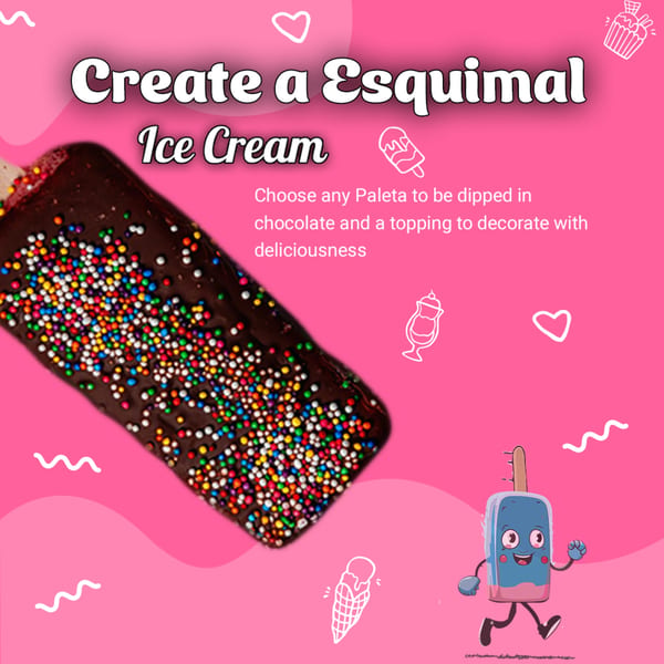 A chocolate-dipped paleta covered in colorful sprinkles on a pink background with text and cartoon ice cream.