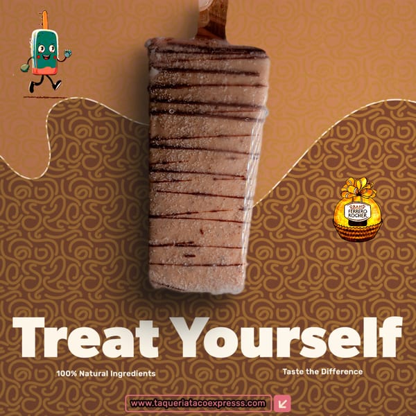 A chocolate popsicle with stripes, a cartoon popsicle, and a Ferrero Rocher on a brown patterned background.