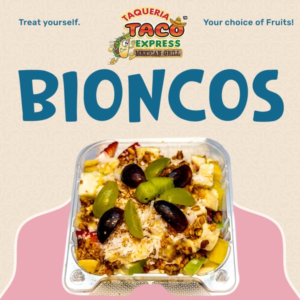 A plastic container of Bioncos, a fruit salad with grapes, kiwi, and granola, from Taqueria Taco Express.
