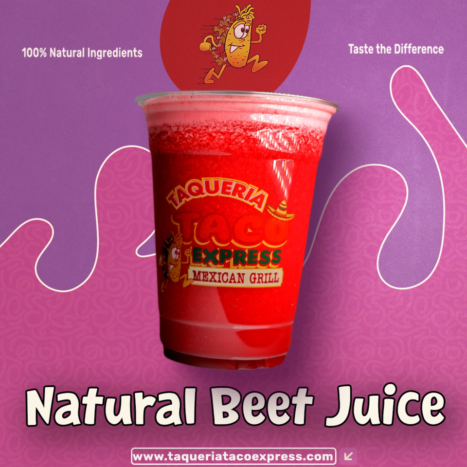A vibrant red beet juice in a clear cup with the Taqueria Taco Express logo on a purple background.