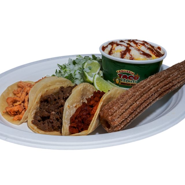 3 Tacos, Churro & Elote.