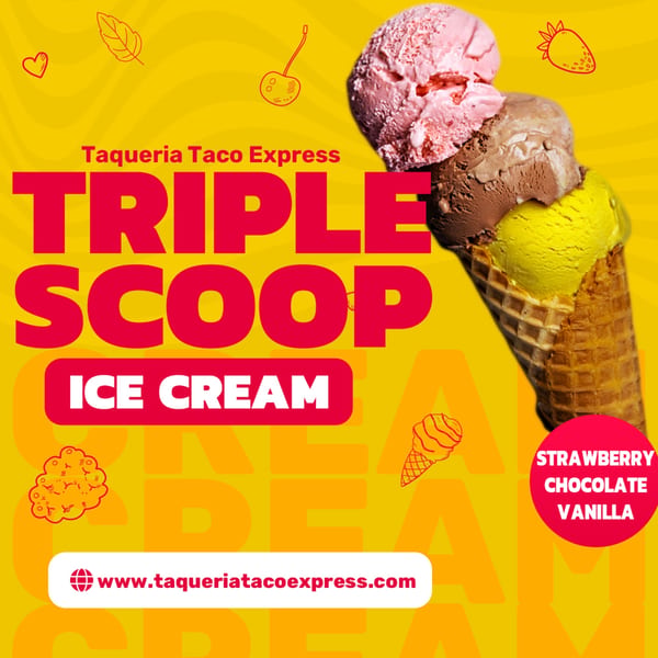 A waffle cone with triple scoop ice cream: strawberry, chocolate, and vanilla, on a yellow background.