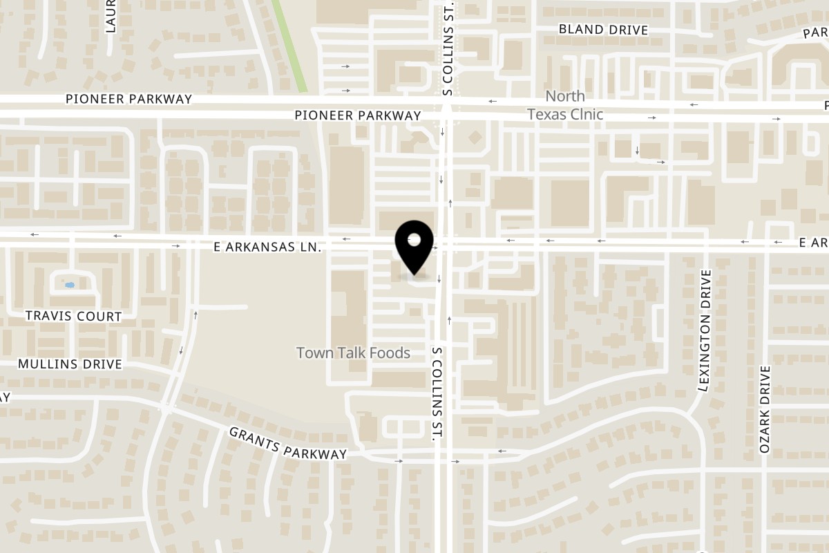 Map showing the location of Taqueria Taco Express Arkansas Rd on 2300 S Collins St in Arlington